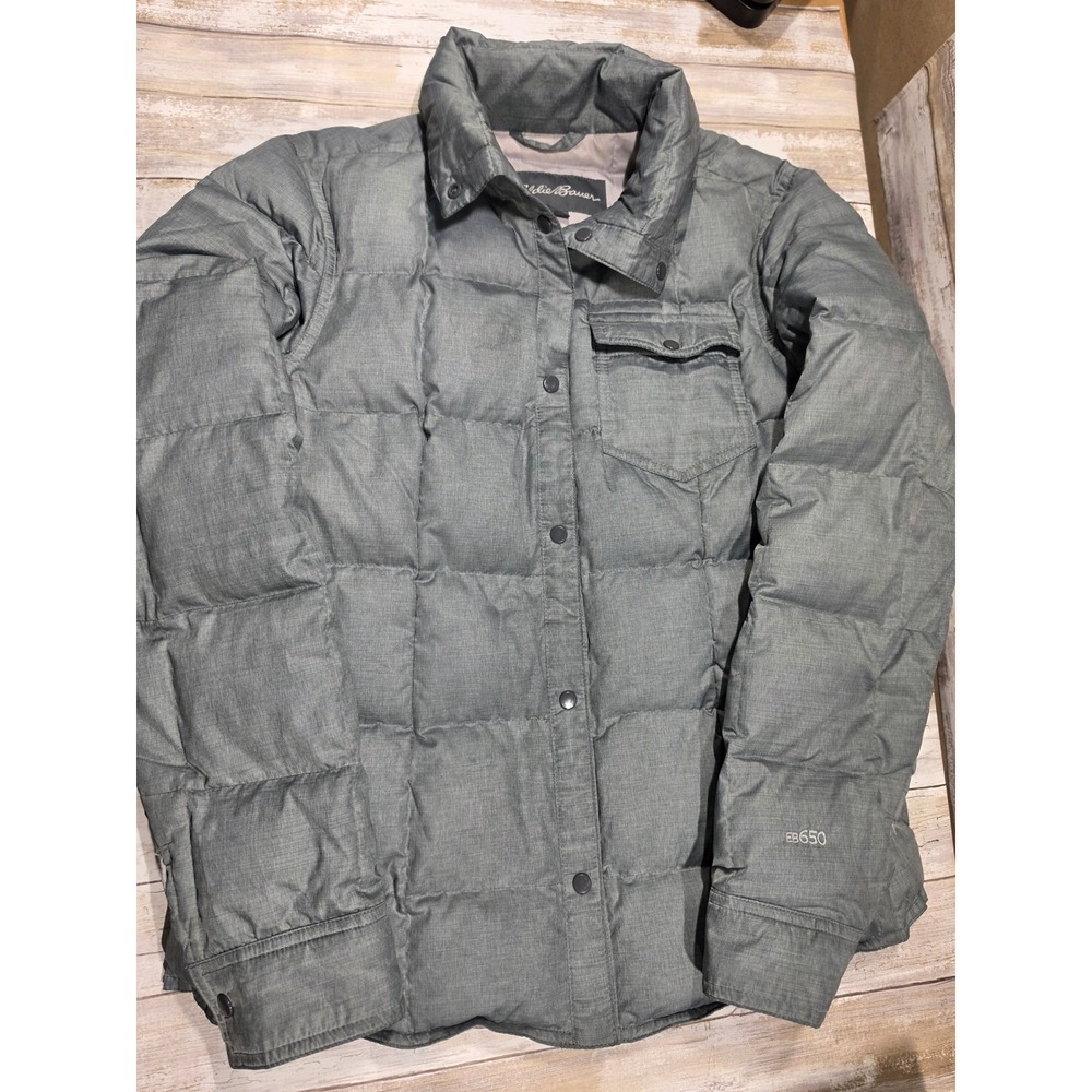 Eddie Bauer EB650 Grey Down Puffer Jacket Womens Medium Snap Front Quilted Coat